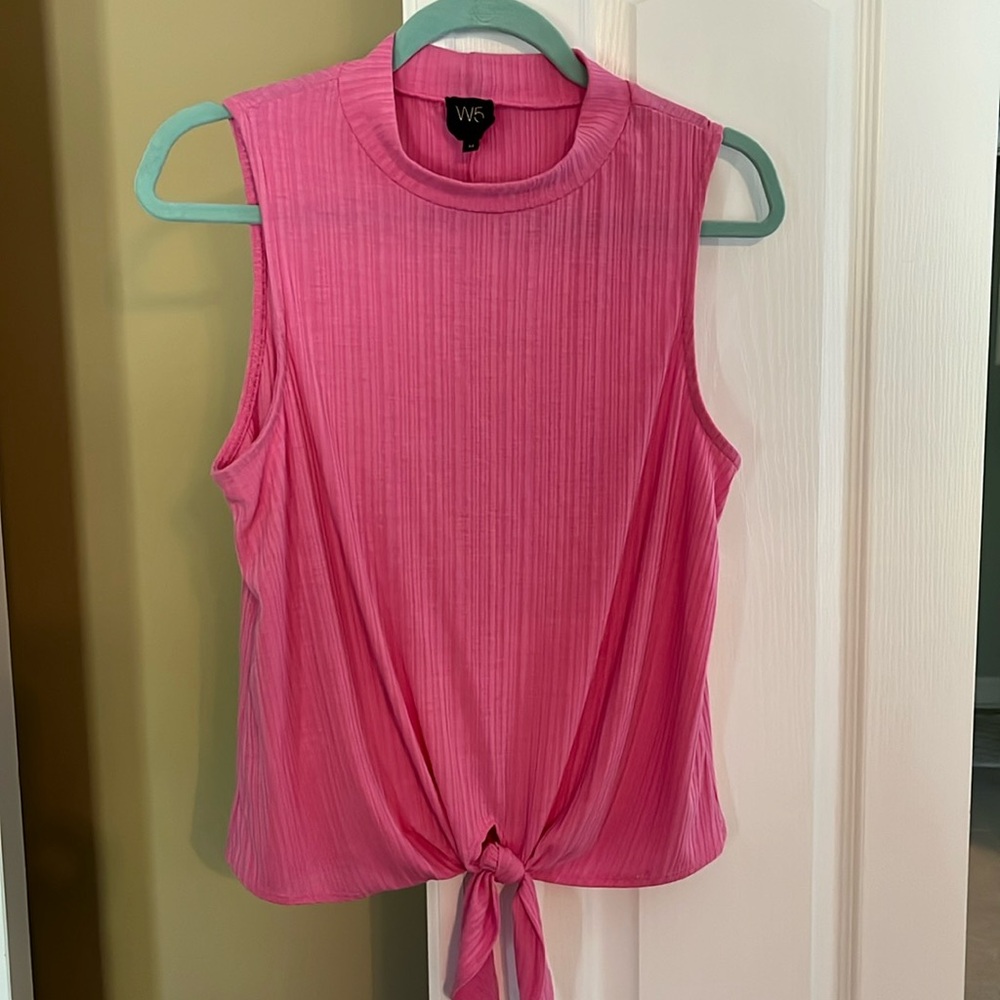 W5 Pink Sleeveless Ribbed Knit Tank Top with Tie Front